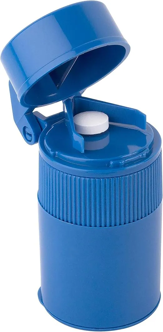 EZY DOSE 3 Compartment Pill Crusher, Cutter and Grinder, Daily Usage, Safely Cut Pills, Vitamins, Tablets, Accurate and Easy Cutting, Stainless Steel Blade, Removable Drinking Cup, Blue, BPA Free