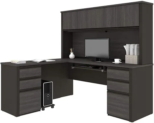 Bestar Prestige + Modern L-Shaped Office Desk with Two Pedestals and Hutch, 72W, Bark Grey & Slate