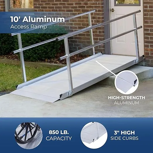 Silver Spring 10' L x 36" W Lightweight Aluminum Access Ramp with Handrails for Wheelchairs, Mobility Scooters, Rollators, Walkers - 850 lb. Capacity, ADA Up to 20" Rise