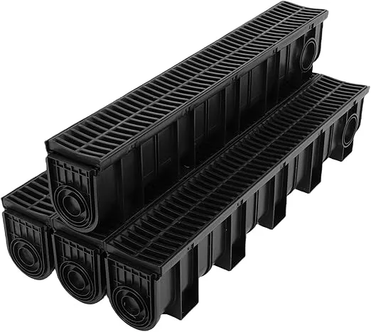 Trench Drain System, Channel Drain with Plastic Grate, 5.9x7.5-Inch HDPE Drainage Trench, Black Plastic Garage and Garden Drain, 4x39 Trench Drain Grate, with 4 End Caps-4 Pack