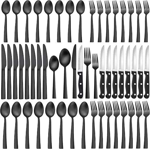LIANYU 48-Piece Matte Black Silverware Set with Steak Knives, Stainless Steel Flatware Cutlery Set for 8, Square Eating Utensils Tableware Include Forks Knives Spoons, Dishwasher Safe