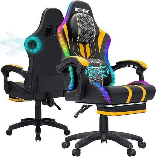 HOFFREE Led Gaming Chair Massage with Speakers Big and Tall Video Game Chair with Footrest for 400lbs Reclining High Back Computer Desk Chair Yellow and Black