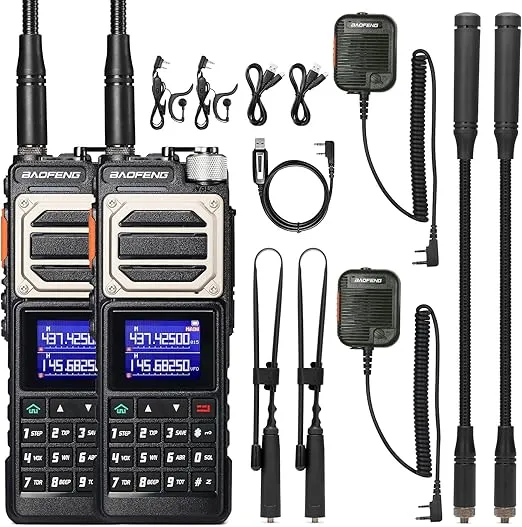 BAOFENG UV-25 Tri-Power Ham Radio Handheld, 11W Long Range Two Way Radio, UHF VHF AM FM Air NOAA Multi-Band Receiver, with 5200mAh Battery, Gooseneck Antenna & Whip Antenna, Tactical Speaker, 2Packs