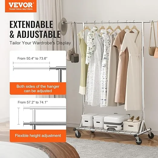 VEVOR Clothes Rack with Wheels, Heavy Duty Clothing Garment Rack, Commercial Clothing Rack for Hanging Clothes with Bottom Storage Area, 450 lbs Load Capacity, Adjustable Height and Extendable Length