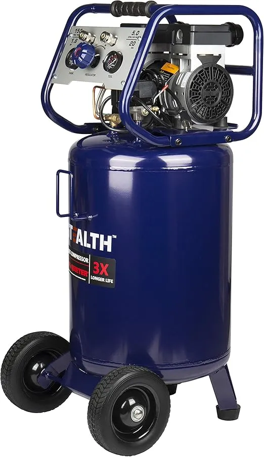 Stealth 20 Gallon Ultra Quiet Air Compressor,1.8 HP Oil-Free Peak 150 PSI 68 Decibel Air Compressor,5.5 CFM @ 40 PSI 5 CFM @ 90 PSI Silent Portable Long Life Electric Air Compressor W/Wheel for Garage
