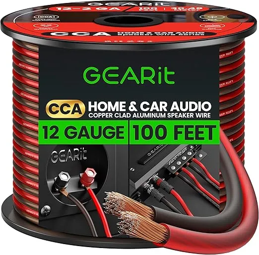 GearIT Pro Series 12 Gauge (2 x 4mm²) Speaker Wire Cable (30.4 Meters / 100 Feet/Black Red) CCA HiFi Audio Speaker Cable Great Use for Car Audio and Home Theater Surround Sound Systems