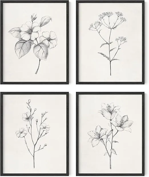 HAUS AND HUES Grey Floral Wall Art - Set of 4 Plant Posters for Wall Vintage, Botanical Prints, Black and White Flower Pictures for Room Aesthetic, Farmhouse Bathroom, Rustic Art (Black Frame, 16x20)