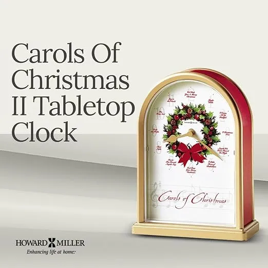 Howard Miller Carols of Christmas II Table Clock 645-424 – Satin Brass Finish, Red Marble Tone Sides, Decorative Wreath Center, 12 Musical Carols, Quartz Movement