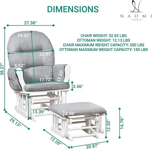 Brisbane Nursery Glider & Ottoman Sets, Glider Recliner Nursery Rocking Chair, Nursery Glider Rocker with Ottoman, Reclining Gliders & Chairs for Breastfeeding, Maternity, Napping - White/Gray