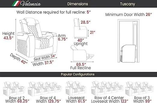 Valencia Tuscany Home Theater Seating | Premium Top Grain Italian Nappa 11000 Leather, Power Reclining, Power Lumbar Support, Power Headrest (Row of 4, Charcoal Grey)