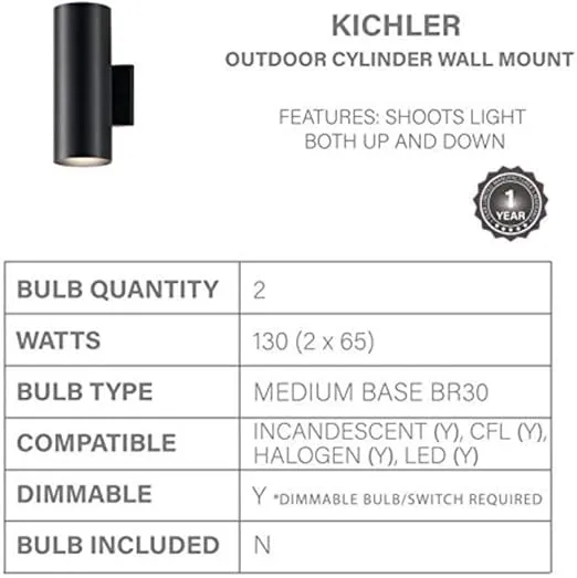 Kichler Cylinders 12" Outdoor Wall Sconce in Black, 2-Light Exterior Wall Light, Cylinder Fixture, (12" H x 5" W) , 9244BK