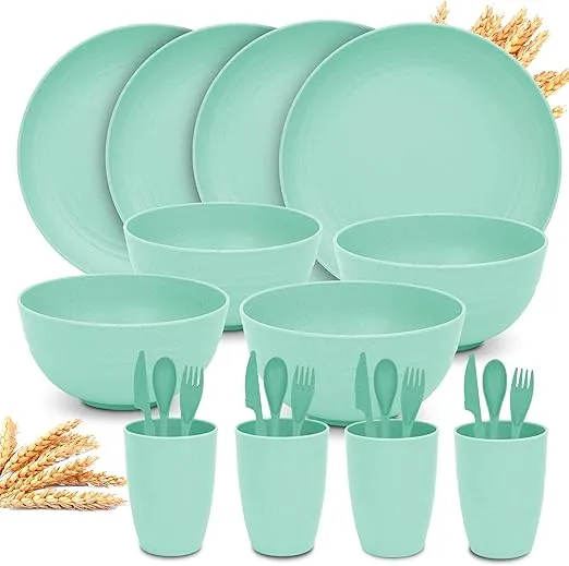 Wheat Straw Dinnerware Sets for 4 - KFT Lightweight & Unbreakable Dishes Microwave & Dishwasher Safe Perfect for Camping, Picnic, RV, Dorm Plates, Cups and Bowls (Green, 24pc)