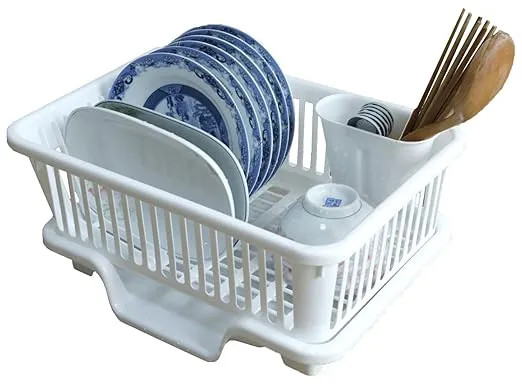 Heavy Duty 2-Piece Plastic Dish Drying Rack Set in White - Includes Large Dish Drainer, Attached Drainboard, and Utensil Cup Holders for Home Kitchen Countertop Organization