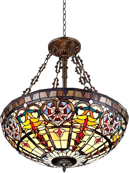 Robert Louis Tiffany Pendant Light Fixture - 4 Light, Ornamental Stained Glass Bowl, Bronze Rustic Tiffany Pendant Light for Kitchen Islands, Living Rooms, and Dining Rooms - 24" Wide, 27 1/2" High