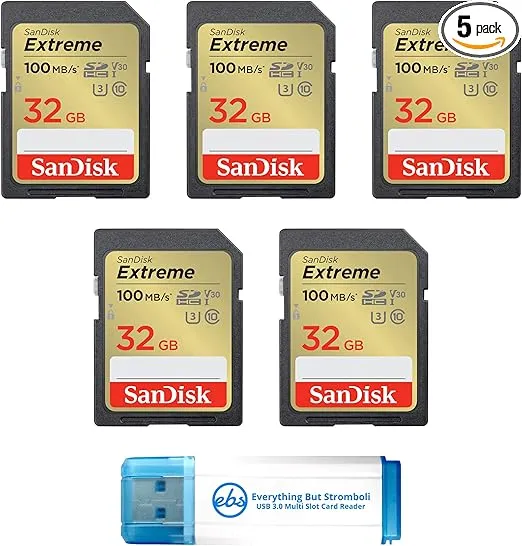 SanDisk 32GB Extreme SD Card (5 Pack) SDHC Memory Cards Compatible Browning Defender Pro Series Trail Cameras (SDSDXVT-032G-GNCIN) Bundle with (1) Everything But Stromboli 3.0 Micro & SD Card Reader