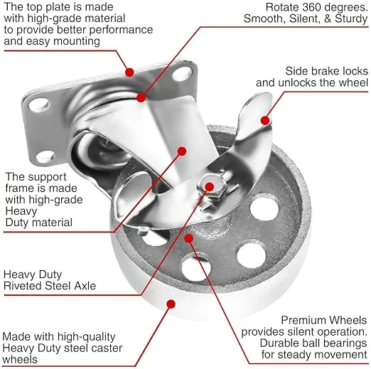 4 All Steel Swivel Plate Caster Wheels w Brake Lock Heavy Duty High-gauge Steel Gray (4" Combo 2x swivel with brake, 2x swivel)