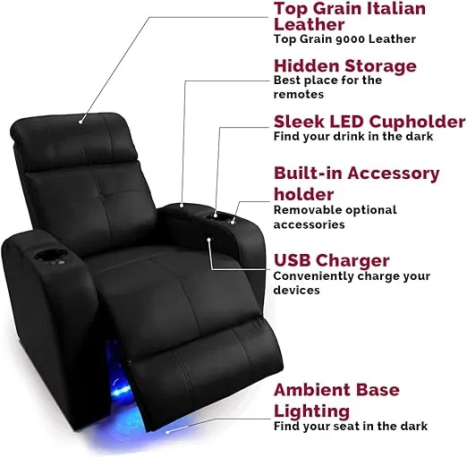 Valencia Verona Home Theater Seating | Premium Top Grain Italian 9000 Leather, Power Recliner, LED Lighting (Row of 4 Loveseat Center, Black)