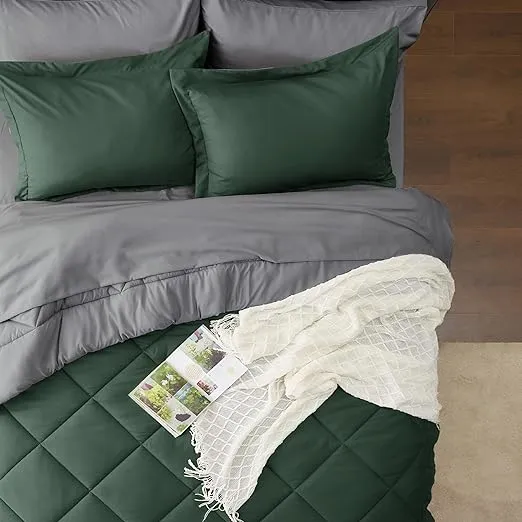 Bedsure Forest Green Queen Comforter Set - 7 Pieces Reversible Queen Bed in a Bag, Queen Bed Set Forest Green and Grey with Comforters, Sheets, Pillowcases & Shams