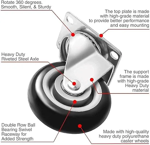 8 Pack 4 Inch Combo Caster Swivel Plate 4 w/Brake & 4 Plate Heavy Duty on Black PU Wheels with Heavy Duty Screws