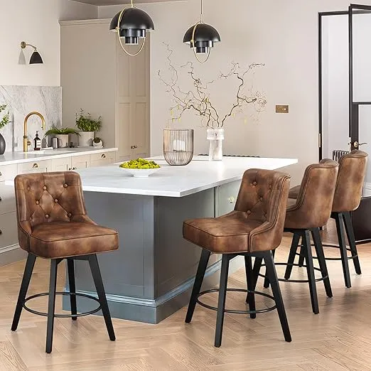 26" Swivel Counter Height Bar Stools Set of 3, Modern Bar Stools with Back and Metal Round Footrest, Solid Wood Legs, Faux Leather Upholstered Barstools for Kitchen Island, Brown