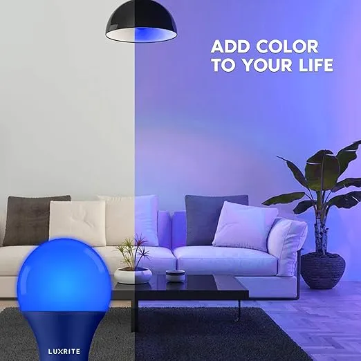 LUXRITE A19 LED Blue Light Bulb, 60W Equivalent, Non-Dimmable, UL Listed, E26 Standard Base, Indoor Outdoor, Porch, Christmas, Decoration, Party, Holiday, Event, Home Lighting (2 Pack)