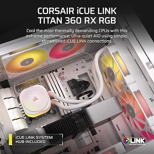 CORSAIR iCUE Link Titan 360 RX RGB Liquid CPU Cooler – 360mm AIO – Low-Noise – FlowDrive Cooling Engine – Intel LGA 1851/1700, AMD AM5/AM4 – 3X RX120 RGB Fans – iCUE Link System Hub Included – White