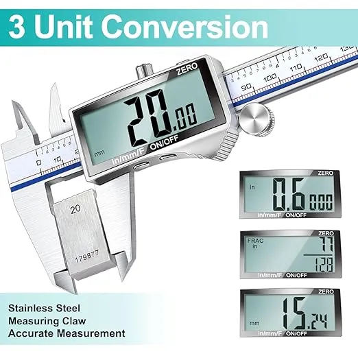 Kynup Digital Caliper, Caliper Measuring Tool with Large LCD Screen, Micrometer Caliper, Stainless Steel, Screen Splash Proof, Easy Switch from Inch Metric Fraction (6 Inch)
