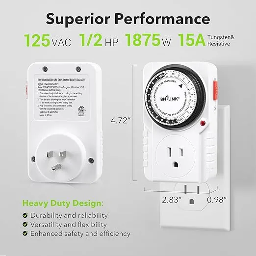 BN-LINK 24 Hour Plug-in Mechanical Timer Grounded for Aquarium, Grow Light, Hydroponics, Indoor Lighting, Home Appliances, ETL Listed 125VAC, 60 Hz, 1875W, 15A, 1/2HP (1 Pack)