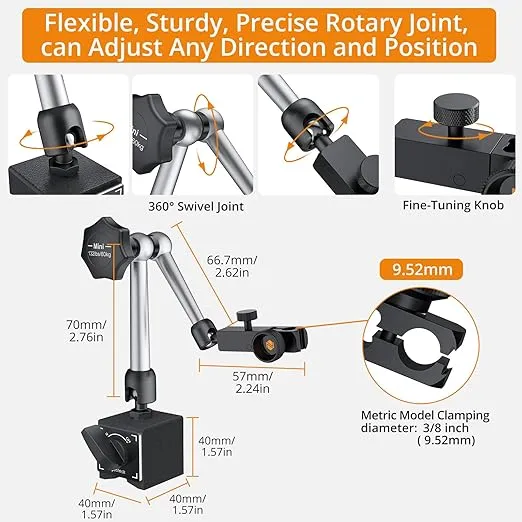Neoteck 0-0.03"/0.0005" Dial Test Indicator with 132lbs(60kg) Max Pull Magnetic Base Stand Test Indicator Set with 3/8 inch (9.52mm) Clamping Hole for Machine Set-Up and Narrow Area Measurement