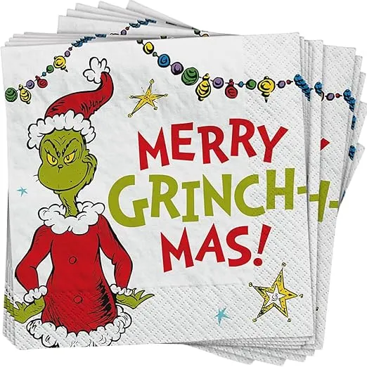 Multicolor Traditional Grinch Merry Grinchmas Beverage Napkins - 5"x5" (Pack of 16) - Unique Whimsical Design, Delight Your Guests - Perfect for Christmas Parties