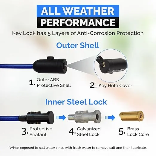 Weatherproof Security Cable Lock with Keys (5ft to 25ft Lengths) Anti-Theft for Kayak, Bike, Paddleboard, Scooter, Equipment, Bicycle