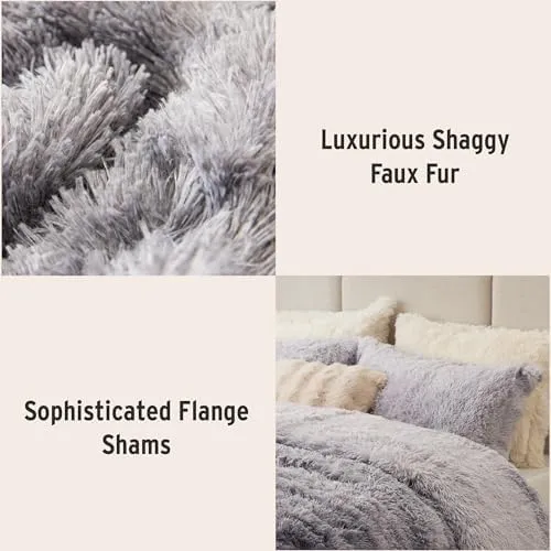 Intelligent Design Brielle, Long Shaggy Faux Fur Comforter Set, Plush Reverse, Trendy Ombre Design, Modern, Cozy All Season Bedding, Matching Sham, Full/Queen(90"x90") Grey 3 Piece