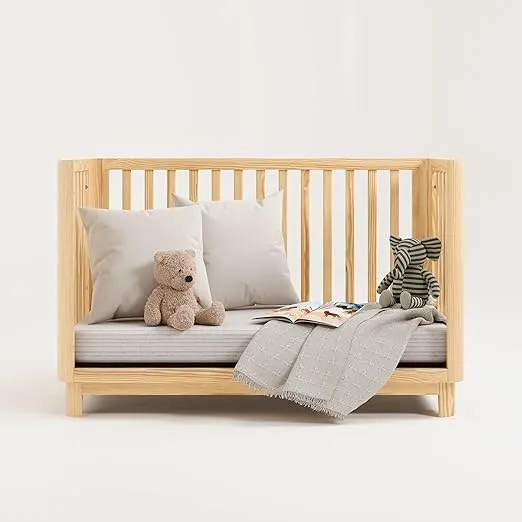 Storkcraft Santos 3-in-1 Convertible Crib (Natural) – GREENGUARD Gold Certified, Converts to Toddler Bed, Fits Standard Full-Size Crib Mattress, Modern Baby Crib with Rounded Posts