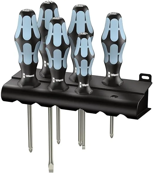 Wera 05032063001 Kraftform Stainless 3334/3350/3355/6 Stainless Steel Slotted/Phillips/Pozidriv Screwdriver Set and Rack, 6-Piece