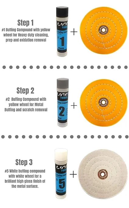LINE10 Tools 6 Inch Buffing Wheel Kit for Bench Grinder and Drill with 3 Step Hard Metal Polishing Compound
