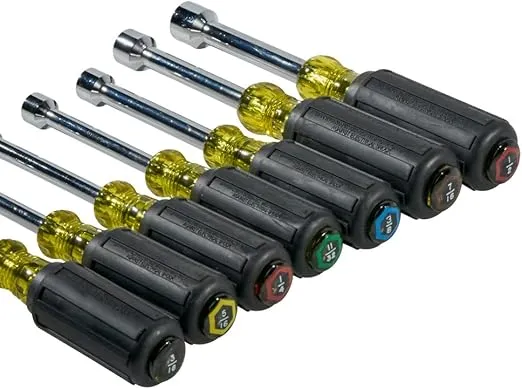 Klein Tools 631 Tool Set, Made in USA, Nut Driver Set w/Hex Nut Sizes 3/16, 1/4, 5/16, 11/32, 3/8, 7/16 and 1/2-Inch on 3-Inch Full Hollow Shaft, 7-Piece