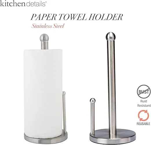 Kitchen Details Countertop Single Tear Paper Towel Holder, Free Standing, Weighted Bottom, Holds Standard Rolls, Dispenser Bar Prevents Unraveling, Stainless Steel