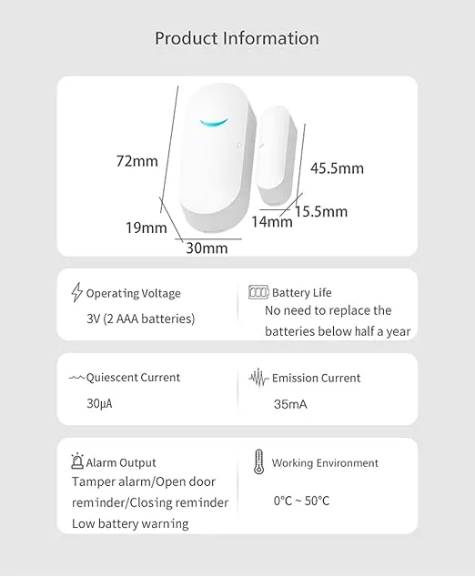 4 Pack WiFi Wireless Door Window Sensor,TUYA Smart Alarm with Free Notification APP Control Home Security Alarm System, Compatible with Alexa, Google Home, Siri