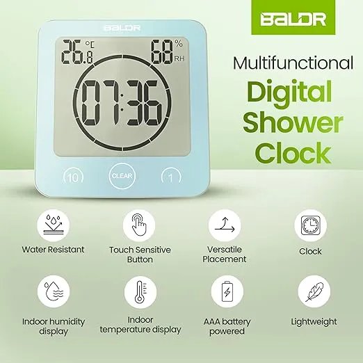 BALDR Digital Shower Clock with Timer - Blue - Water-Resistant Shower Timer, Countdown Timer Clock with Temperature and Humidity, Digital Clock for Shower, Bathroom Clock, Alarm Clock Battery Powered