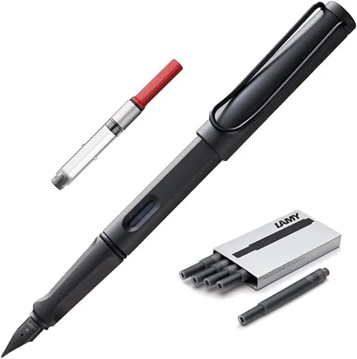 Boxiti Set - Lamy Safari Fountain Pen Charcoal, Fine Nib | 5 Black Ink Cartridges, Z28 Converter and Wipe