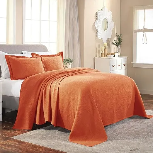 Superior Cotton Fleur De Lis Bedspread Set, Warm Blankets, All-Season Bedding, Bedroom Decor, Decorative Boho Medallion Coverlet, Includes 1 Bedspread, 2 Pillow Shams, King, Mandarin