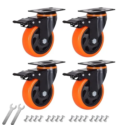 4" Casters Set of 4, Heavy Duty Casters with Brake, Safety Dual Locking casters, No Noise Wheels with Polyurethane Foam, Load 2200LBS (Free Bolts and Nuts and Spanner)