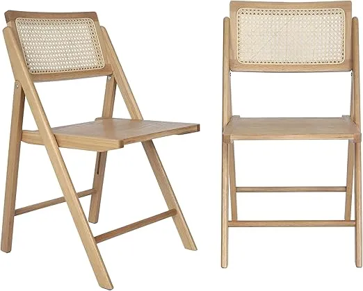 Flash Furniture Galene Set of 2 Cane Rattan Folding Chairs with Solid Wood Frame Ventilated Back, Perfect for Events or Additional Seating, Natural