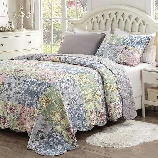 Greenland Home Emma Vintage Style Quilt Set, 3-Piece Full/Queen, Gray