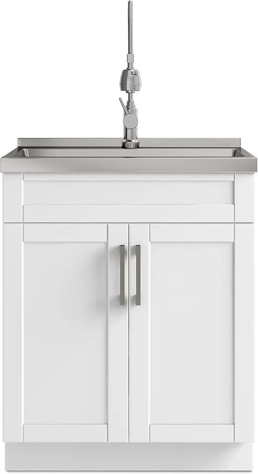 SIMPLIHOME Hennessy Transitional 28 Inch Deluxe Laundry Cabinet with Faucet and Stainless Steel Sink in White, For the Laundry Room and Utility Room