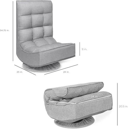 Best Choice Products Reclining Folding Floor Gaming Chair for Home, Office, Lounging, Reading w/ 360-Degree Swivel, 4 Adjustable Positions, Tufted Cushions - Gray