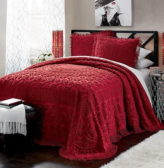 Montgomery Ward Emily Floral Chenille Bedspread, Soft Cotton Comforter, California King Size Quilt in Red - Luxury Hotel Bedding, California King Bedspread (Red, California King)