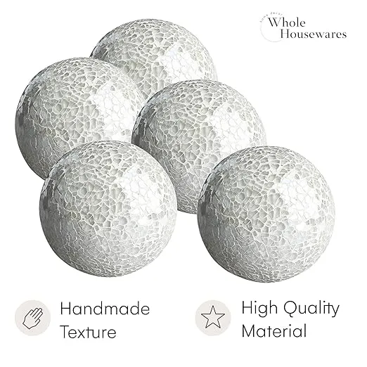 WHOLE HOUSEWARES | Decorative Balls | Decorative Balls for Centerpiece Bowls | Set of 5 | Glass Mosaic Sphere | Diameter 3" | Modern Decorative Orbs (White)