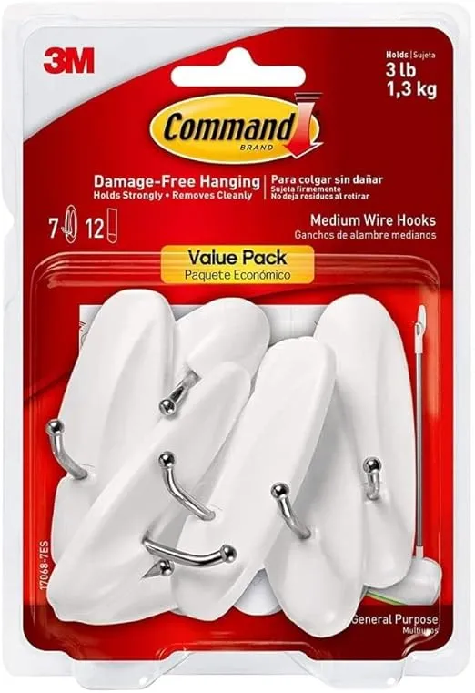 Command Medium Wire Hooks, Damage Free Hanging Wall Hooks with Adhesive Strips, No Tools Wall Hooks for Hanging Decorations in Living Spaces, 7 White Hooks and 12 Command Strips