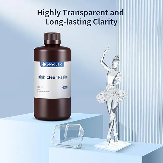 ANYCUBIC High Clear 3D Printer Resin, Resist Yellowing and Highly Transparent, Tough and Resilient, Low Odor 3D Printing Resin, Widely Compatible for All LCD/DLP Resin 3D Printers (High Clear, 1kg)